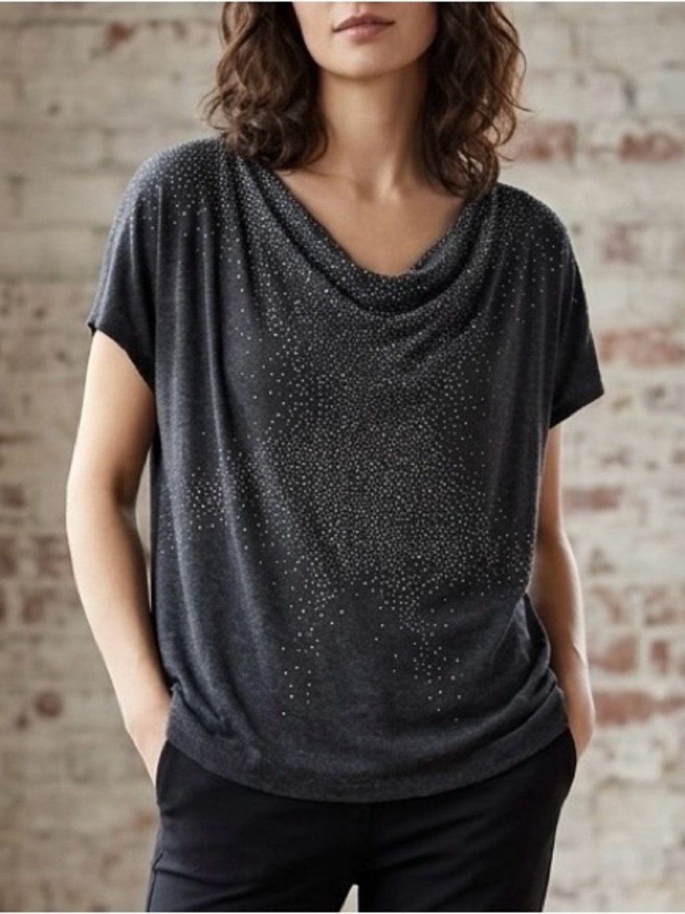 Eileen Fisher Charcoal Drape Neck Short Sleeve Top with Sparkle size Medium